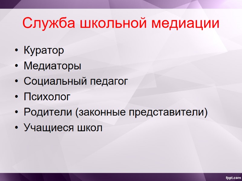 Служба школьной медиации Куратор Медиаторы Социальный педагог Психолог Родители (законные представители) Учащиеся школ
